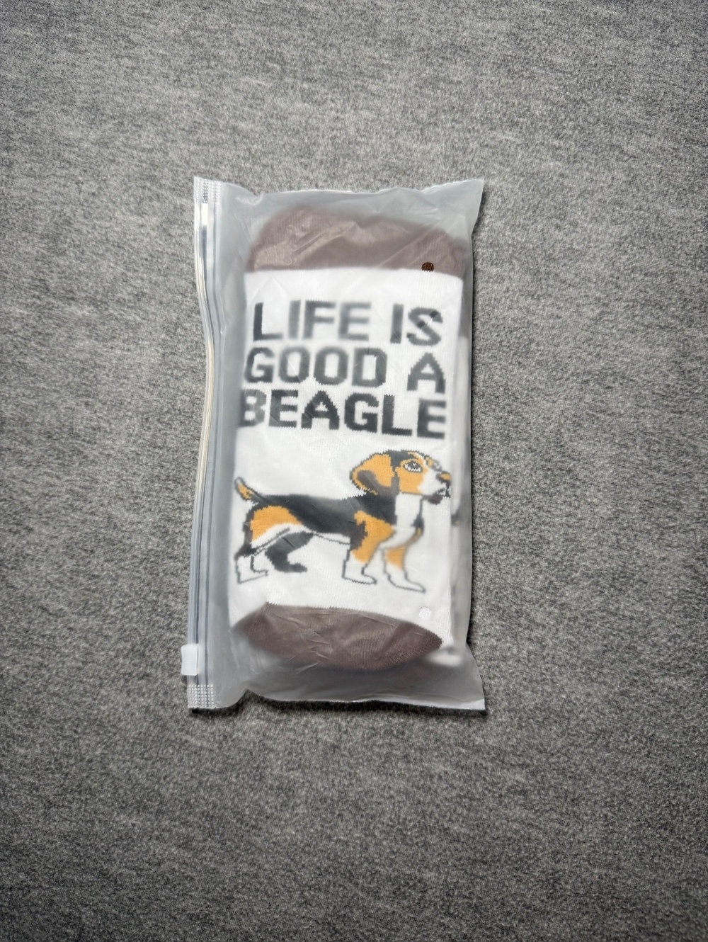 Beagle Novelty Crew Socks “Life Is Good A Beagle” Dog Print White Brown NEW